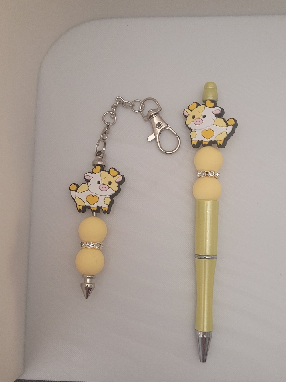 Handmade Cute Yellow Cow Beaded Pen with Matching Keychain